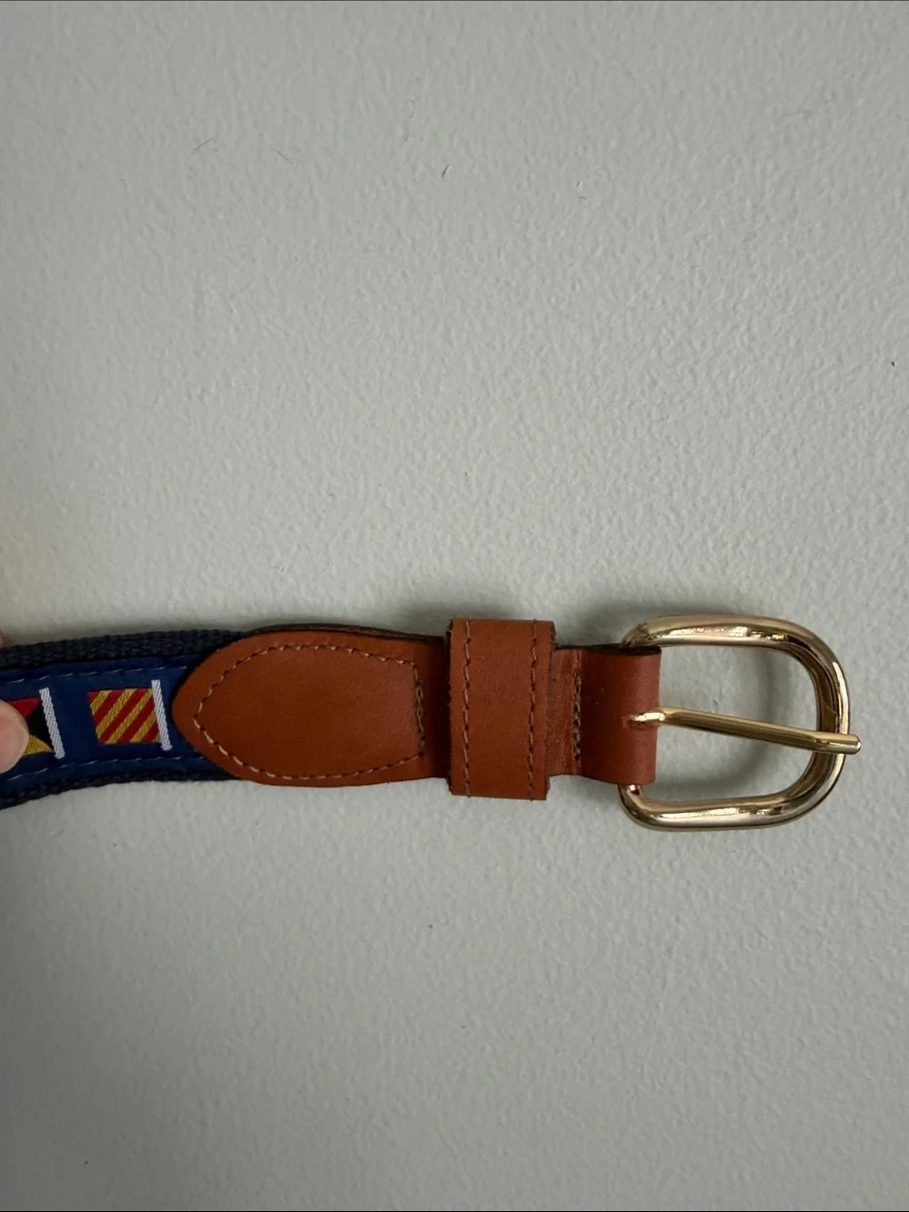 West Marine Navy Signal Flag Webbing Belt with Brown Leather Trim/ Brass Buckle